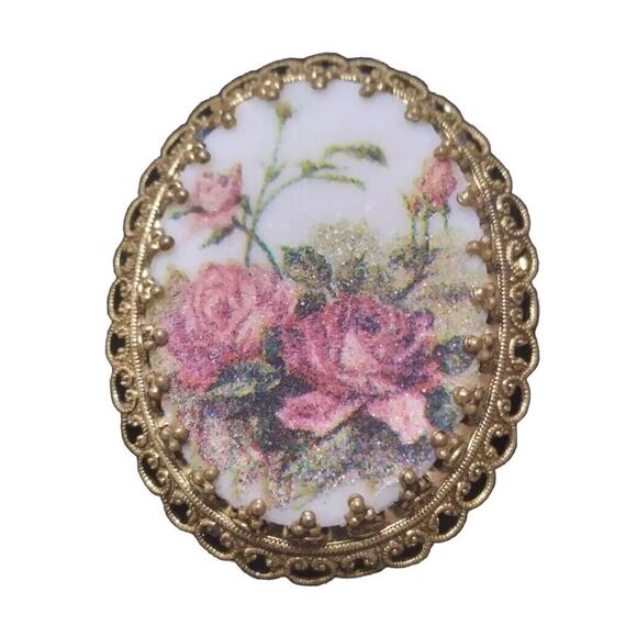 Jewelry Vintage Brooch Germany Mid Century Pink Roses Oval Prong Pin - Picture 1 of 6